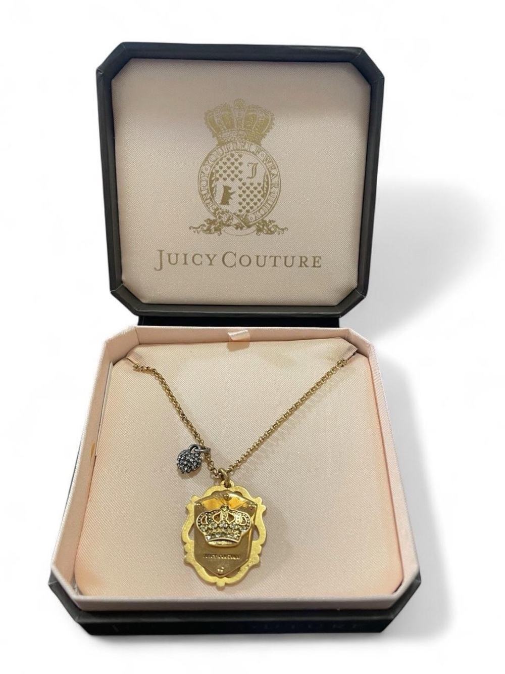 Juicy Couture Gold Crown Shield Pendant Necklace with A Heart Accent Charm